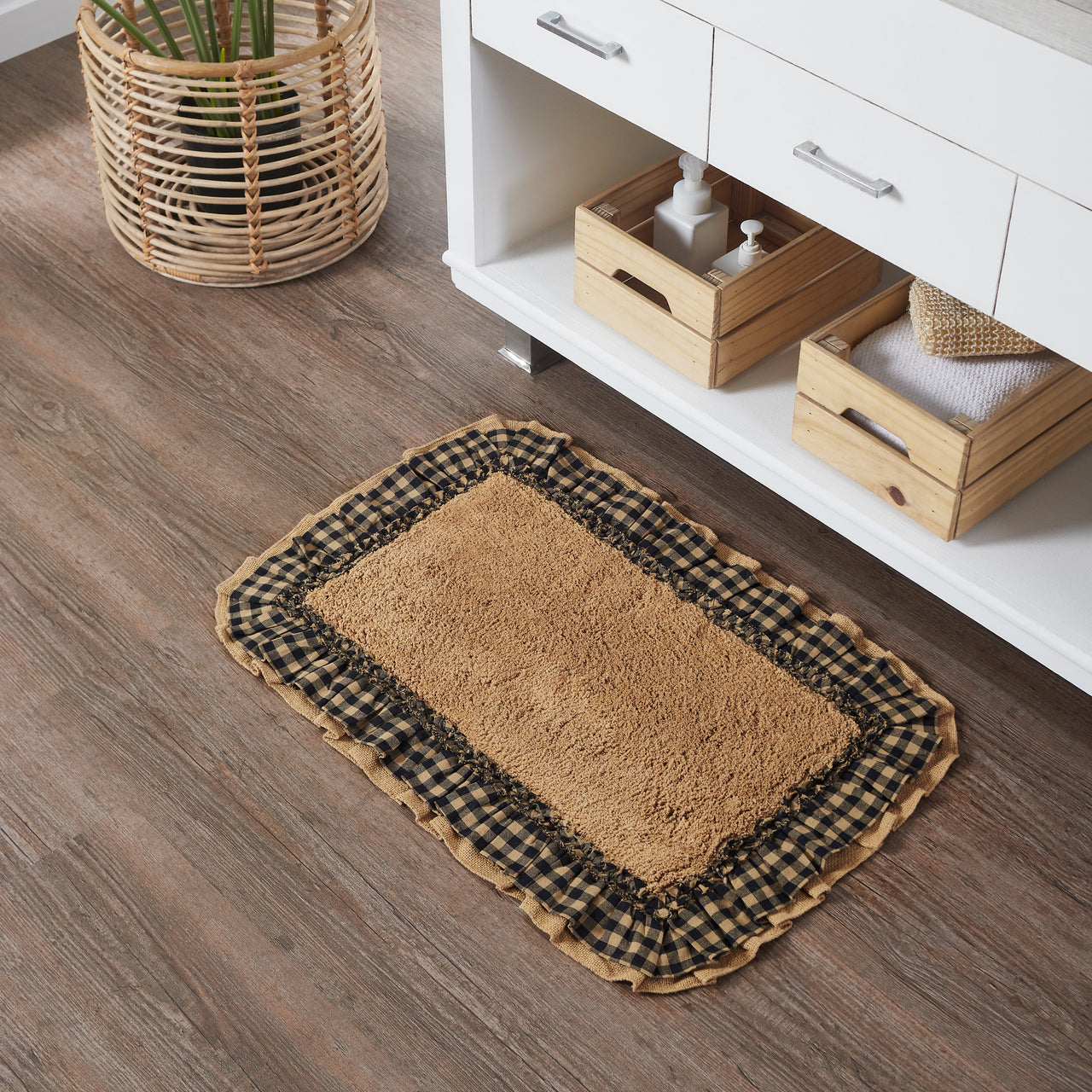 Burlap Natural w/ Black Check Bathmat 20" x 30" VHC Brands - The Fox Decor