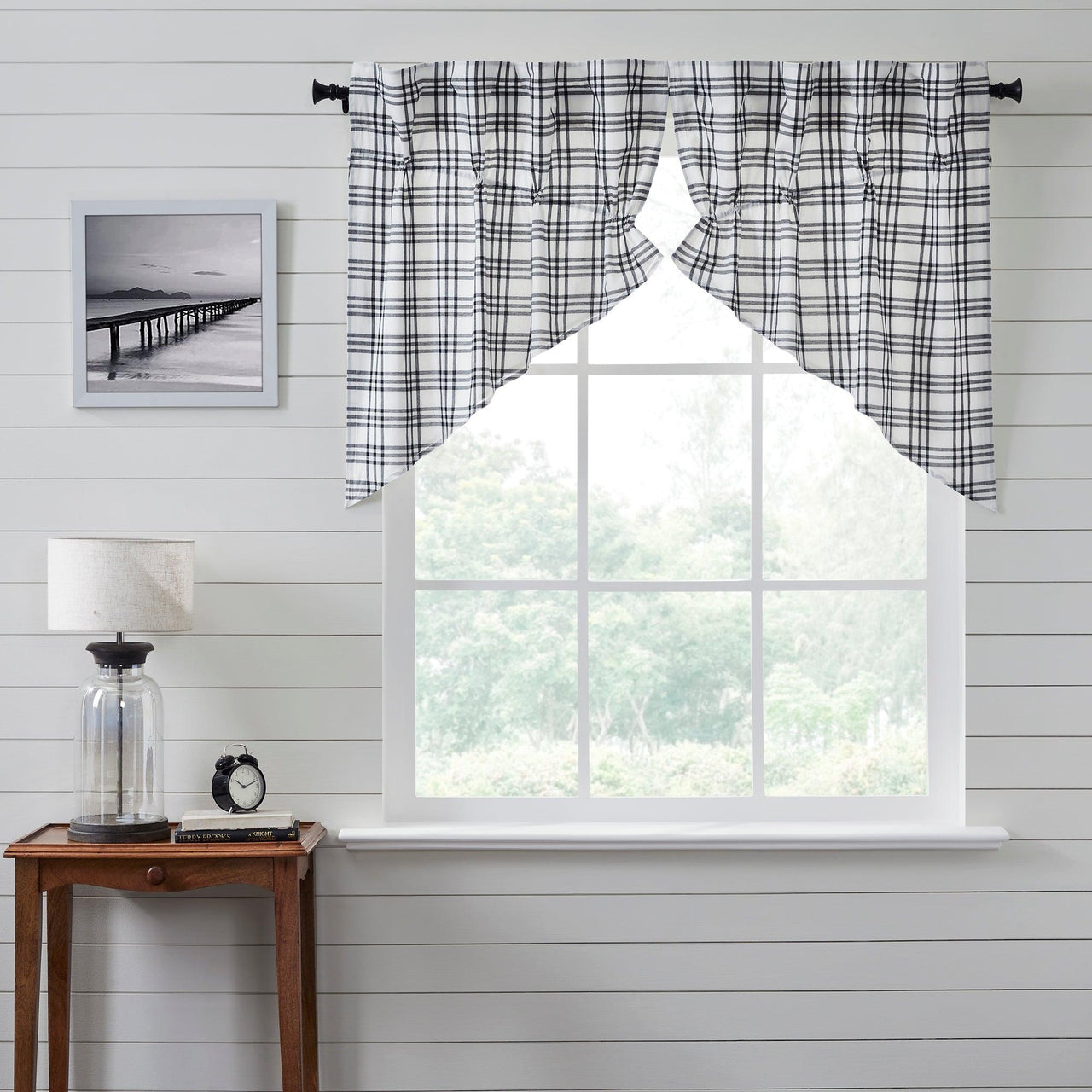 Sawyer Mill Black Plaid Prairie Swag Curtain Set of 2 36x36x18 VHC Brands