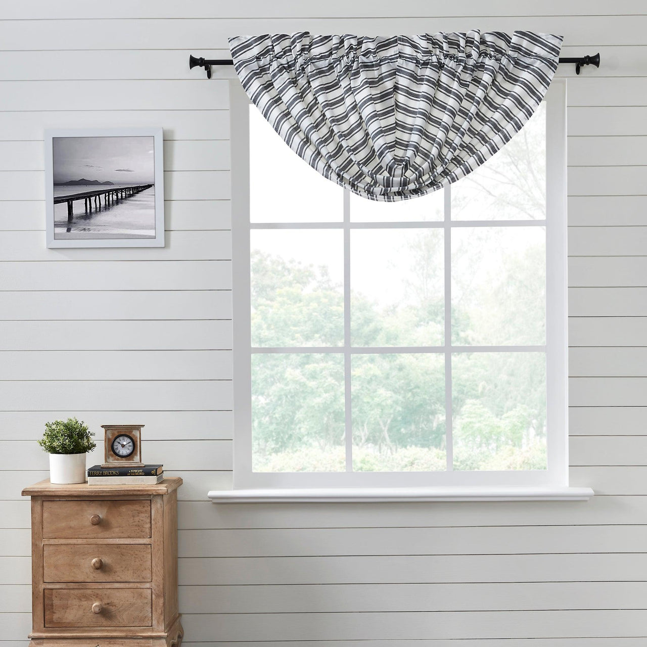 Sawyer Mill Black Ticking Stripe Balloon Valance Curtain 15x60 VHC Brands - The Fox Decor