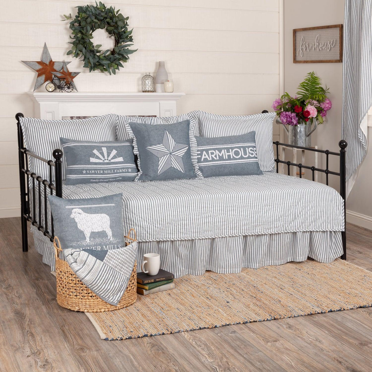 Sawyer Mill Blue Ticking Stripe 5pc Daybed Quilt Set (1 Quilt, 1 Bed Skirt, 3 Standard Shams) VHC Brands