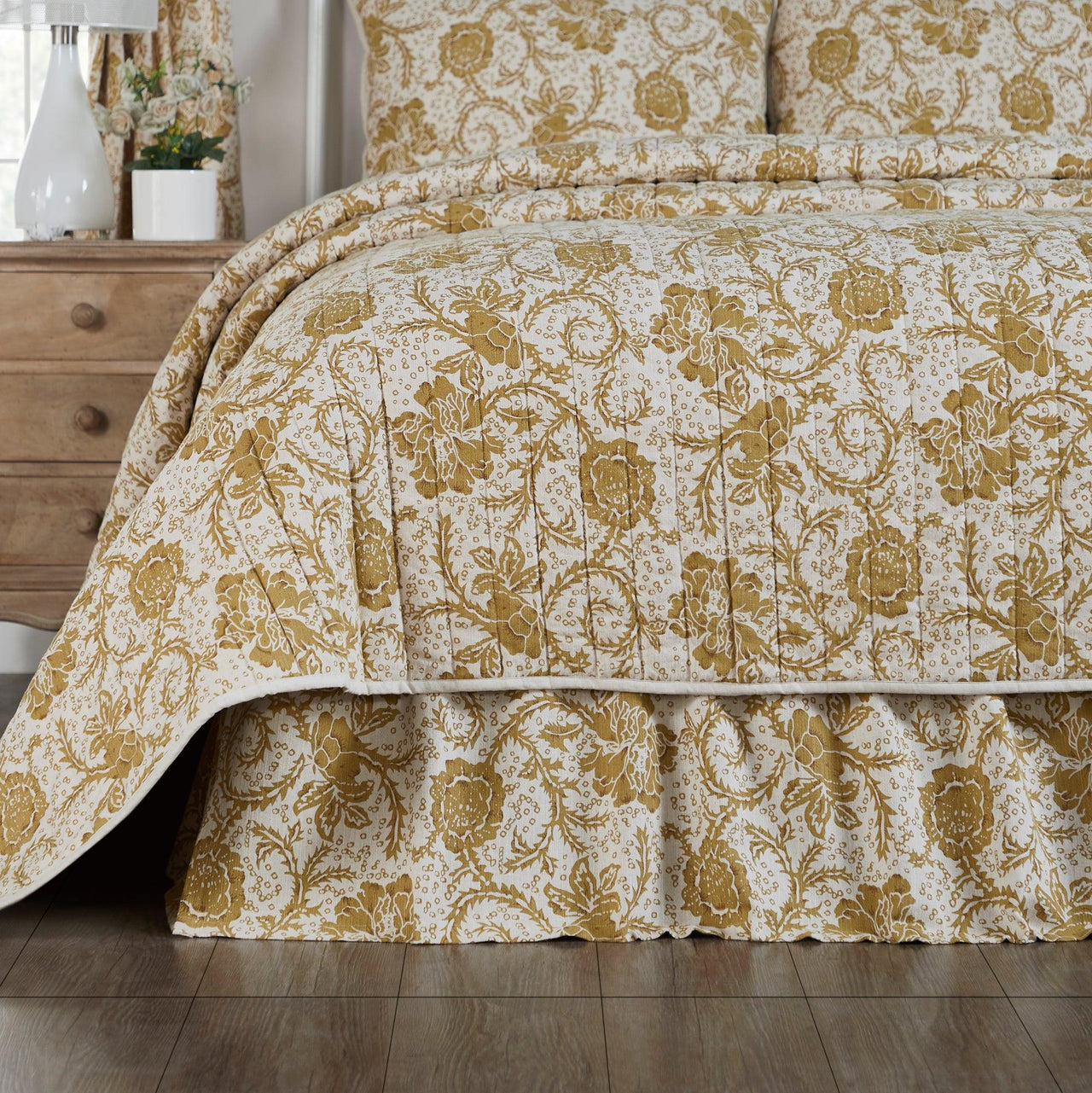 Dorset Gold Floral Queen Bed Skirt 60x80x16 VHC Brands - The Fox Decor