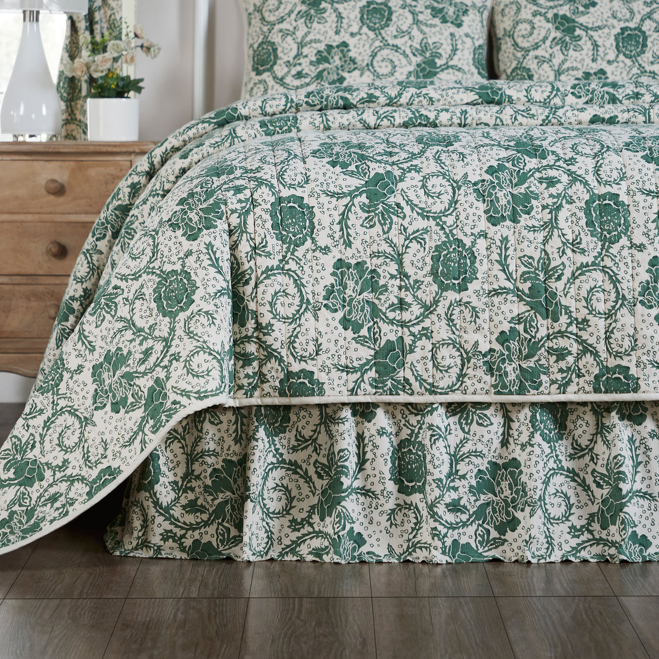 Dorset Green Floral King Bed Skirt 78x80x16 VHC Brands