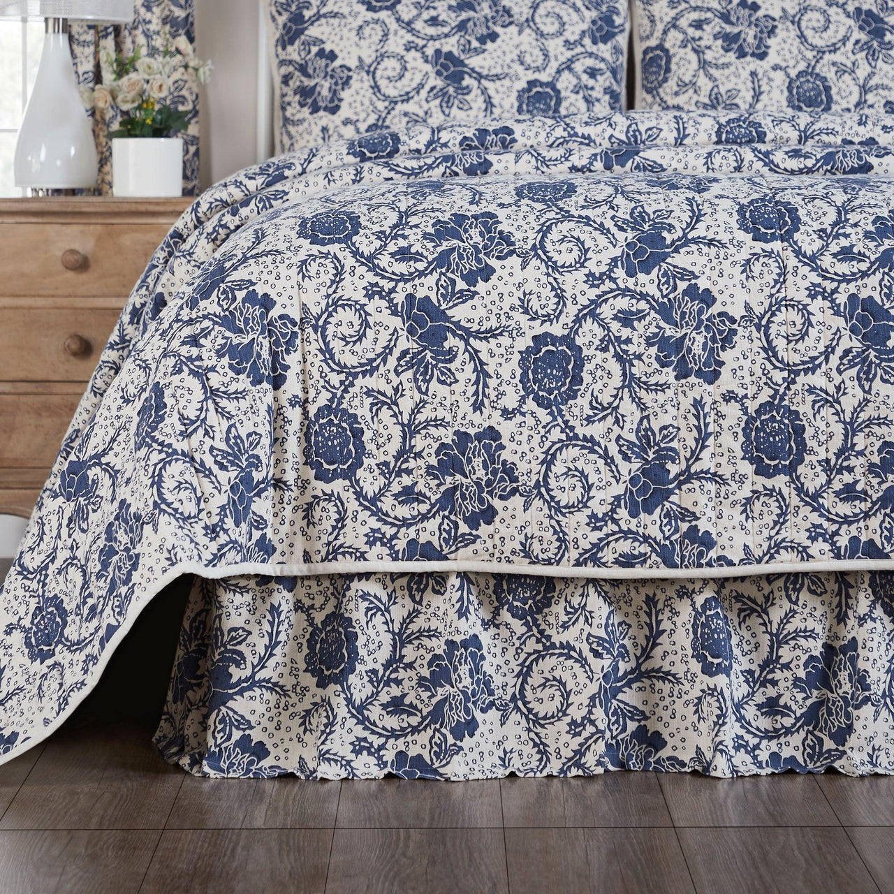 Dorset Navy Floral Queen Bed Skirt 60x80x16 VHC Brands - The Fox Decor