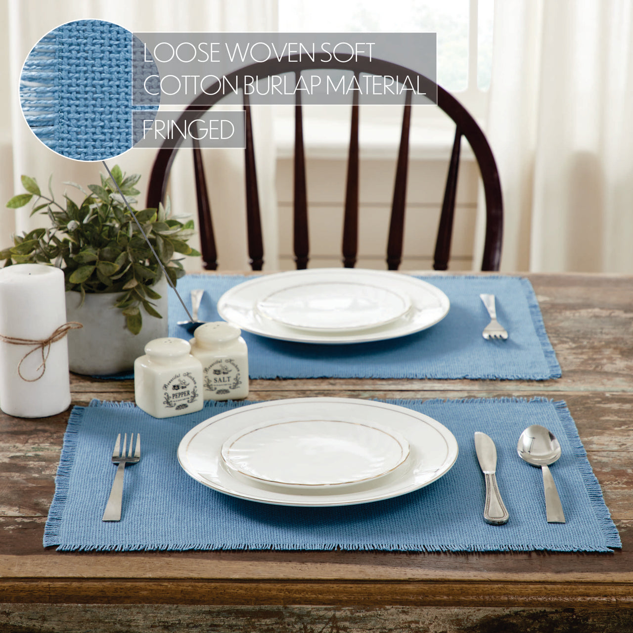 Burlap Blue Placemat Set of 6 Fringed 13"x19" VHC Brands