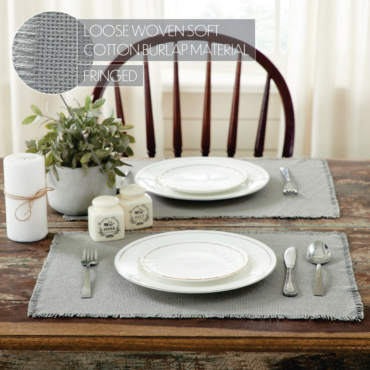 Burlap Dove Grey Placemat Set of 6 Fringed 13"x19" VHC Brands