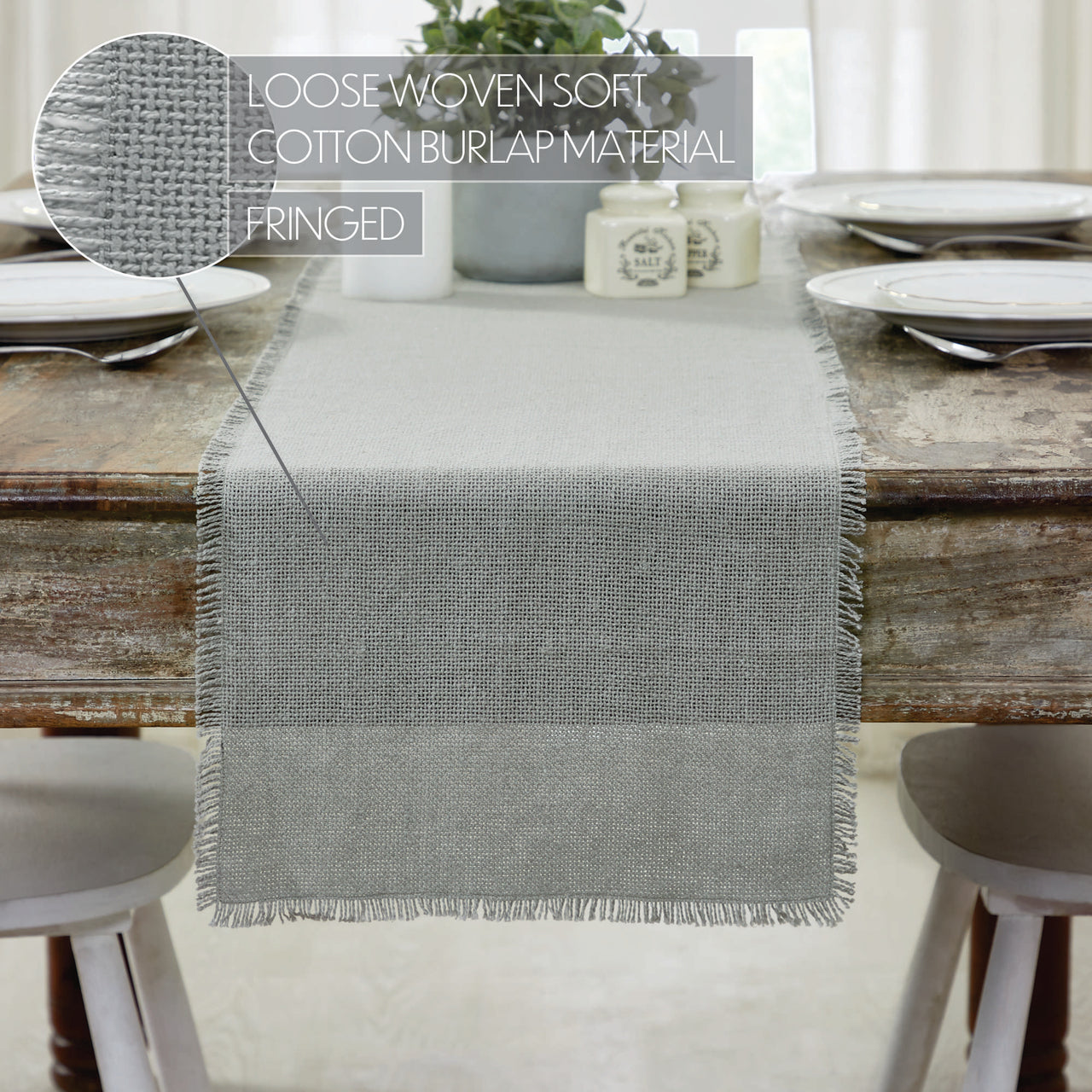 Burlap Dove Grey Table Runner Fringed 12"x48" VHC Brands - The Fox Decor