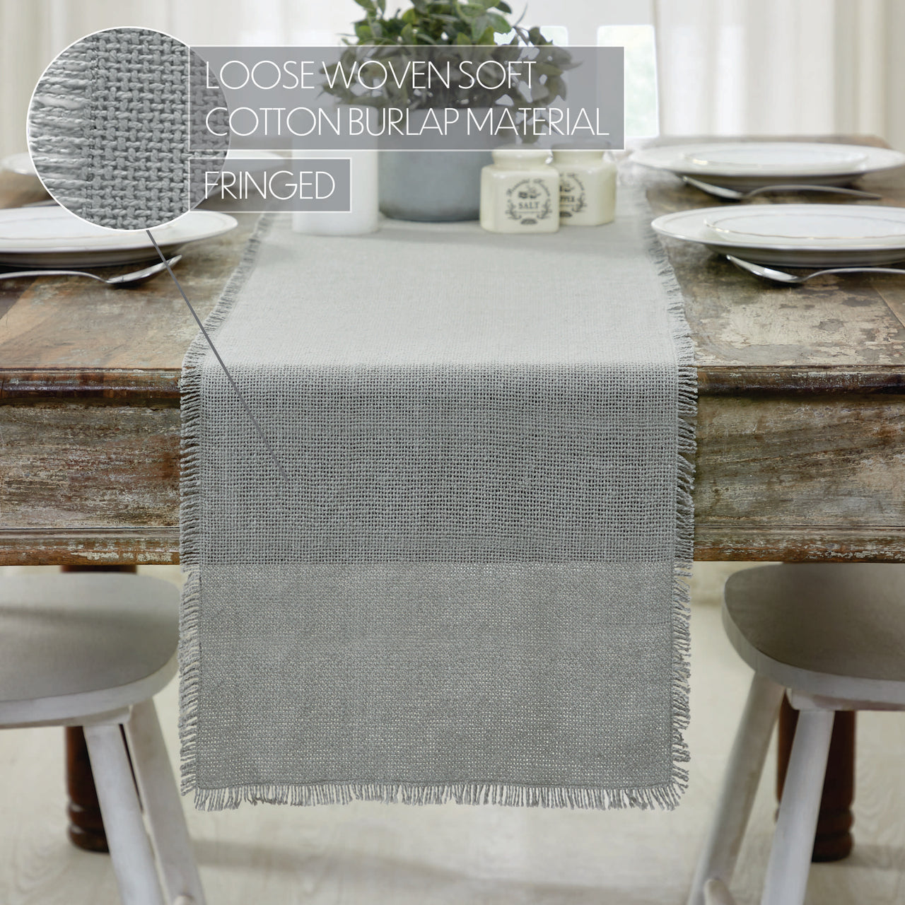 Burlap Dove Grey Table Runner Fringed 12"x72" VHC Brands - The Fox Decor