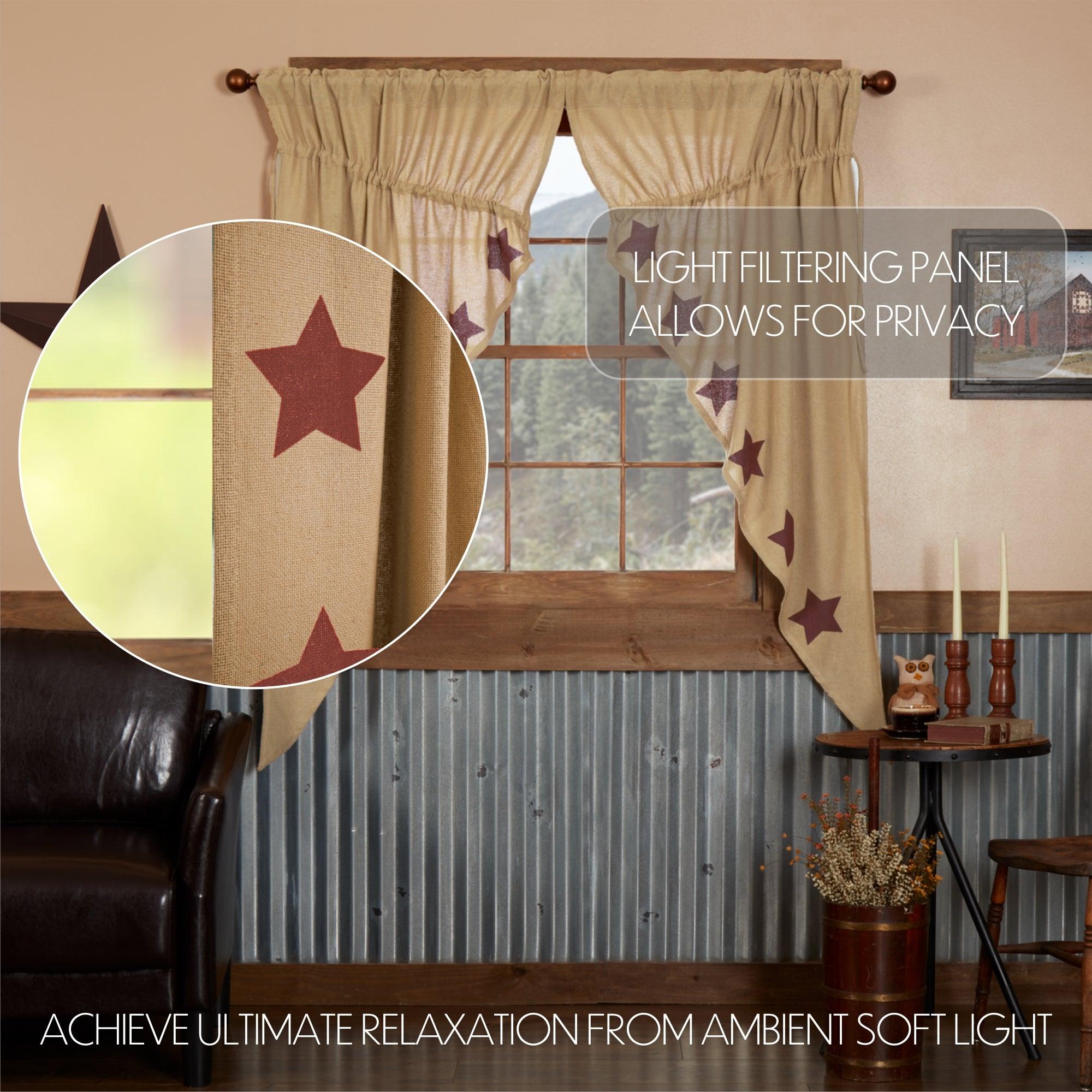 Burlap w/Burgundy Stencil Stars Prairie Short Panel Curtain Set 63x36x18 - The Fox Decor