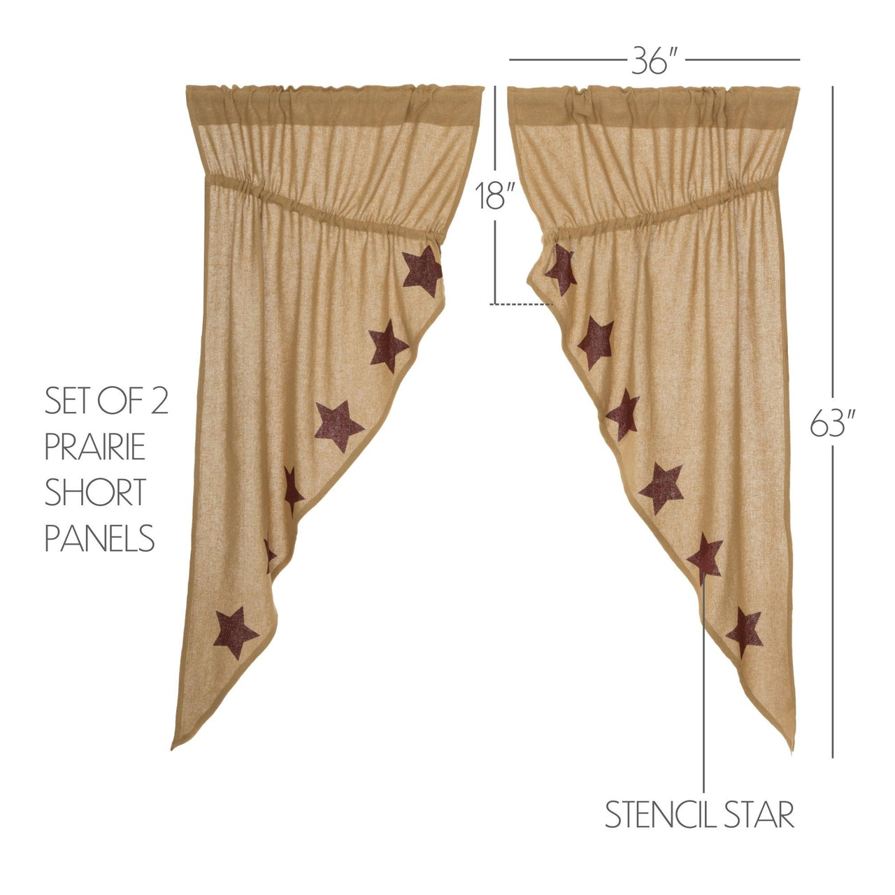 Burlap w/Burgundy Stencil Stars Prairie Short Panel Curtain Set 63x36x18