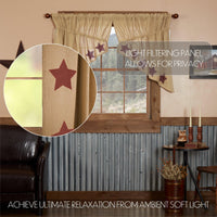 Thumbnail for Burlap w/Burgundy Stencil Stars Prairie Swag Curtain Set of 2 36x36x18 VHC Brands