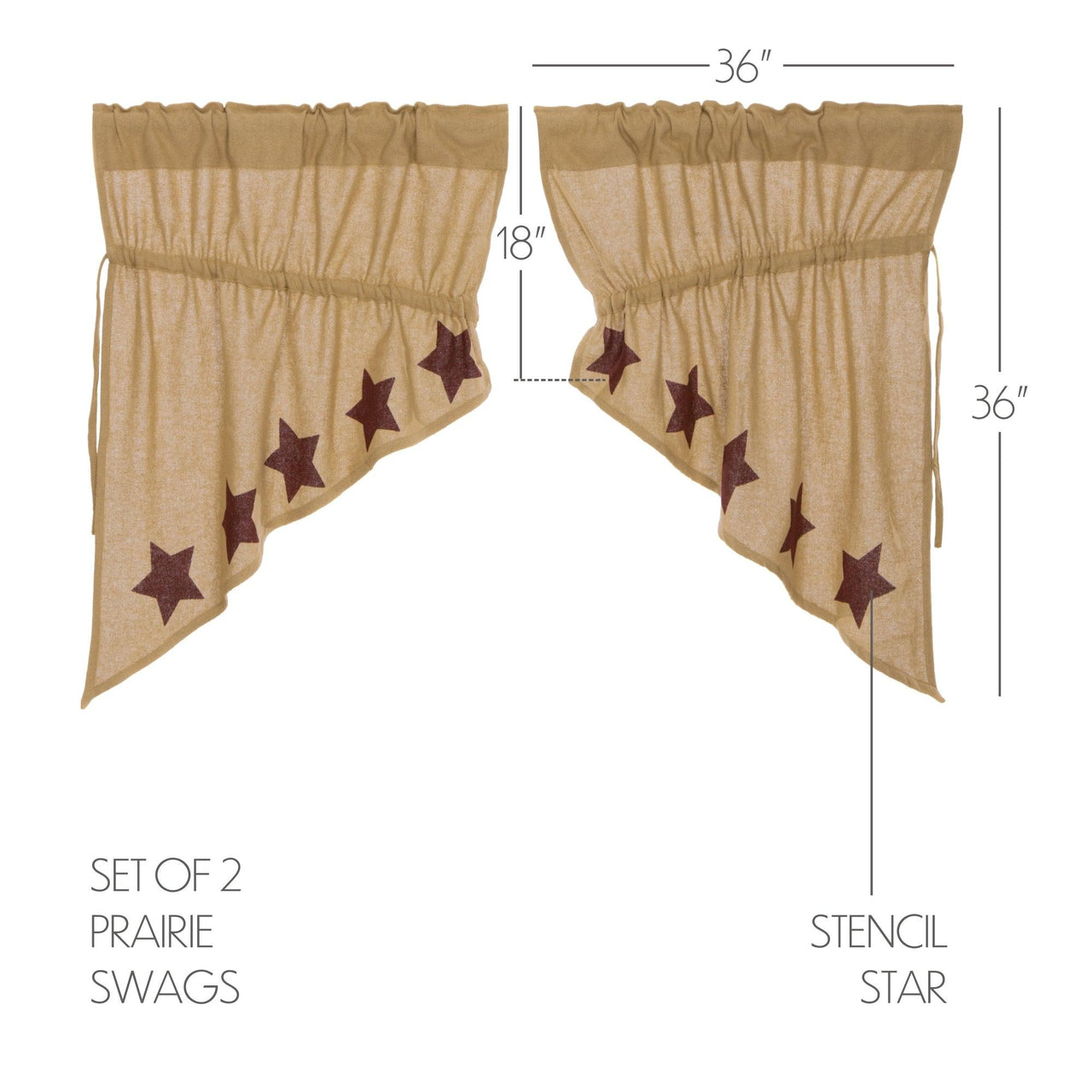 Burlap w/Burgundy Stencil Stars Prairie Swag Curtain Set of 2 36x36x18 VHC Brands