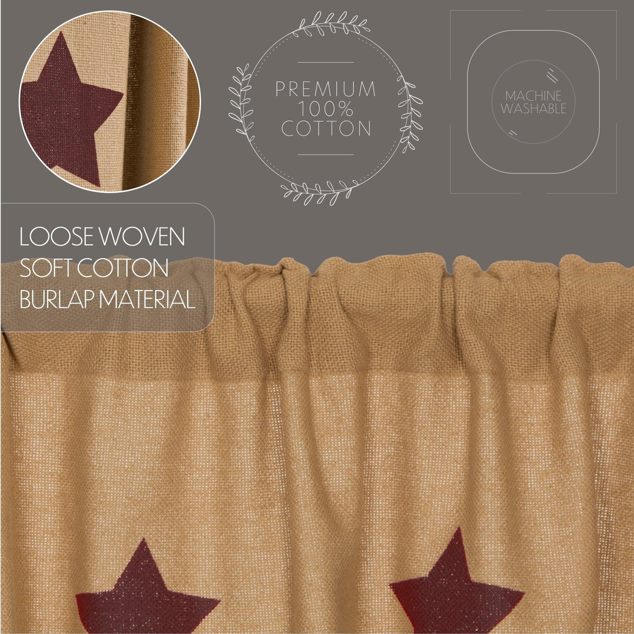 Burlap w/Burgundy Stencil Stars Prairie Short Panel Curtain Set 63x36x18