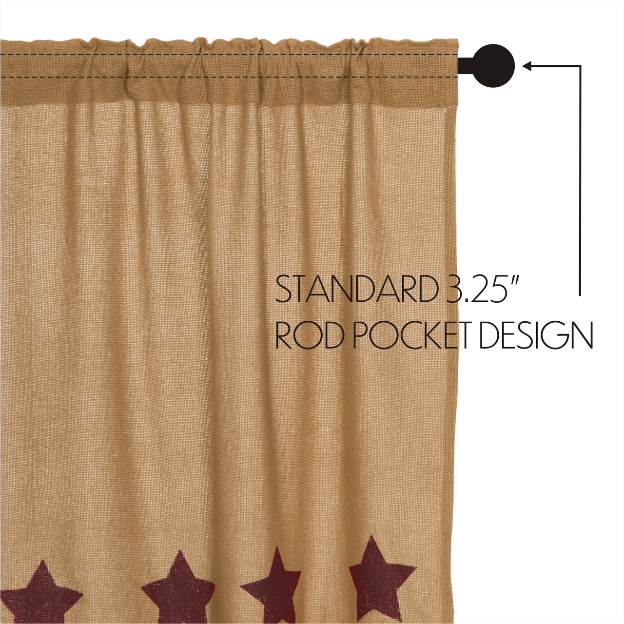 Burlap w/Burgundy Stencil Stars Prairie Short Panel Curtain Set 63x36x18
