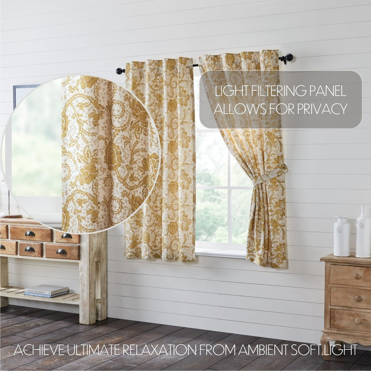 Dorset Gold Floral Short Panel Curtain Set of 2 63x36 VHC Brands - The Fox Decor