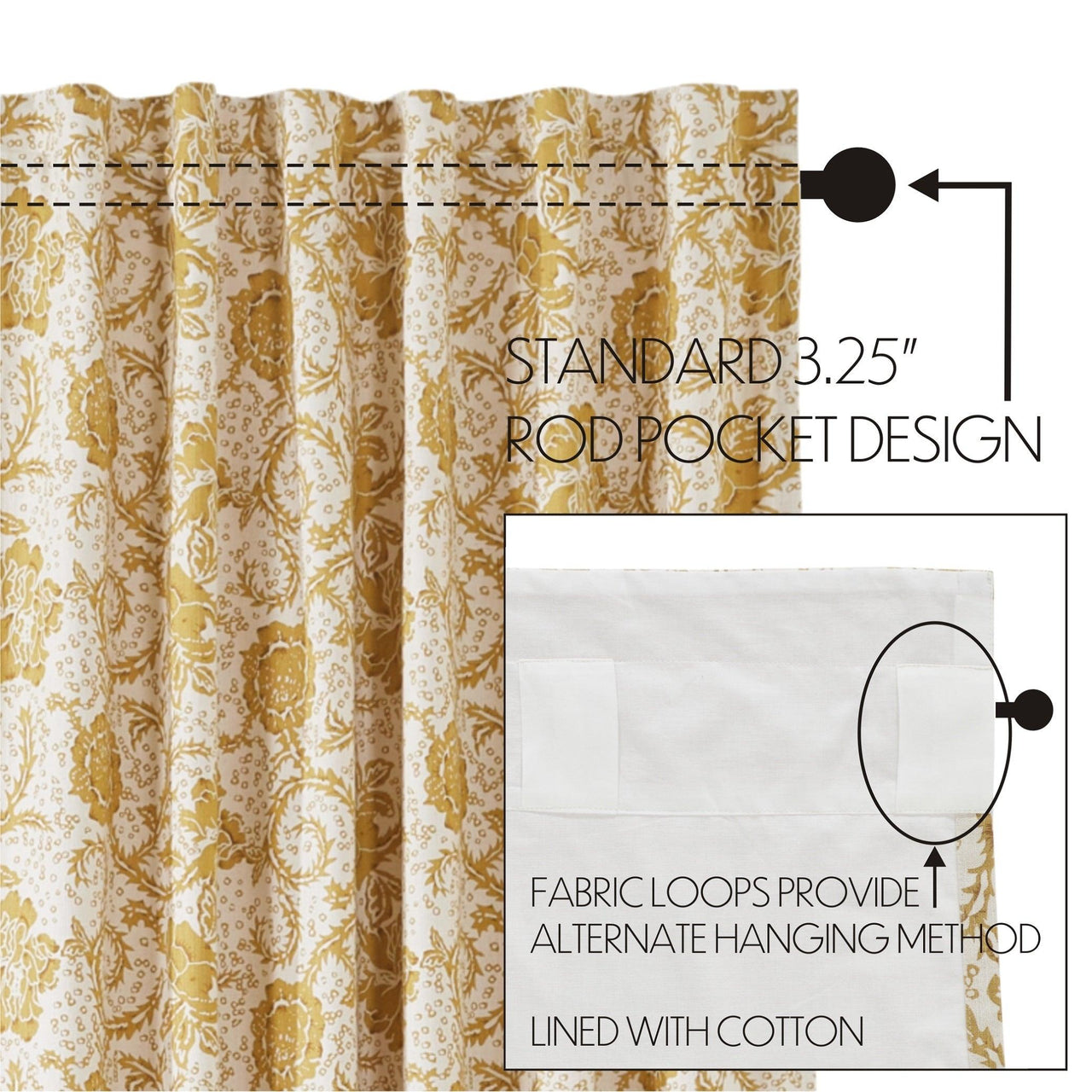 Dorset Gold Floral Short Panel Curtain Set of 2 63x36 VHC Brands