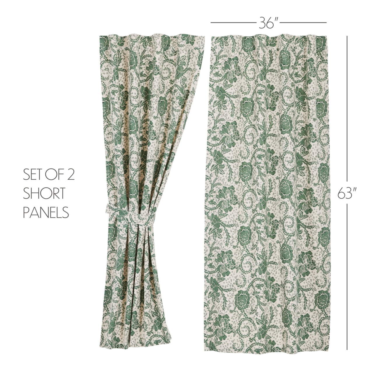 Dorset Green Floral Short Panel Curtain Set of 2 63x36 VHC Brands