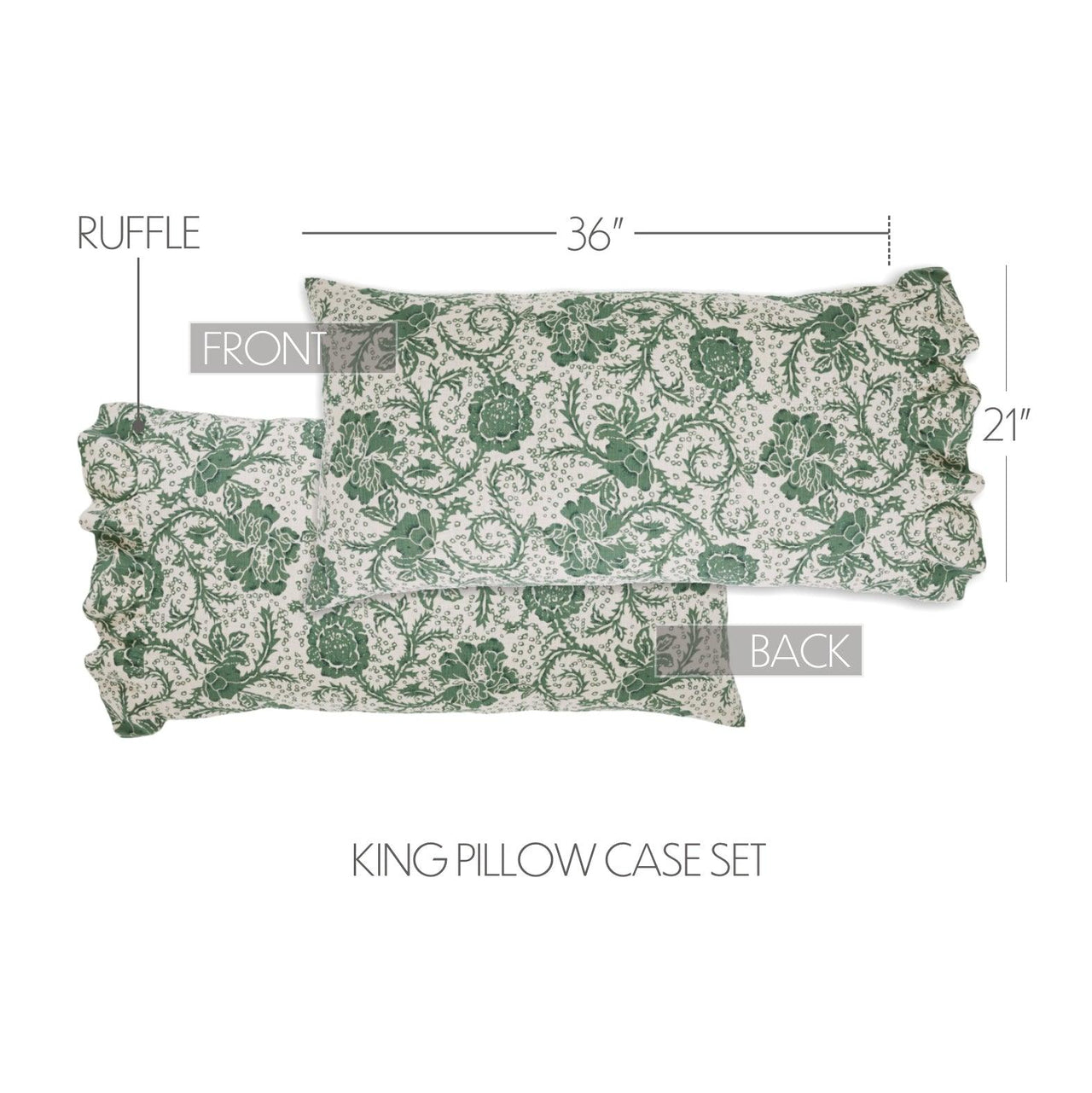 Dorset Green Floral Ruffled King Pillow Case Set of 2 21x36+4 VHC Brands