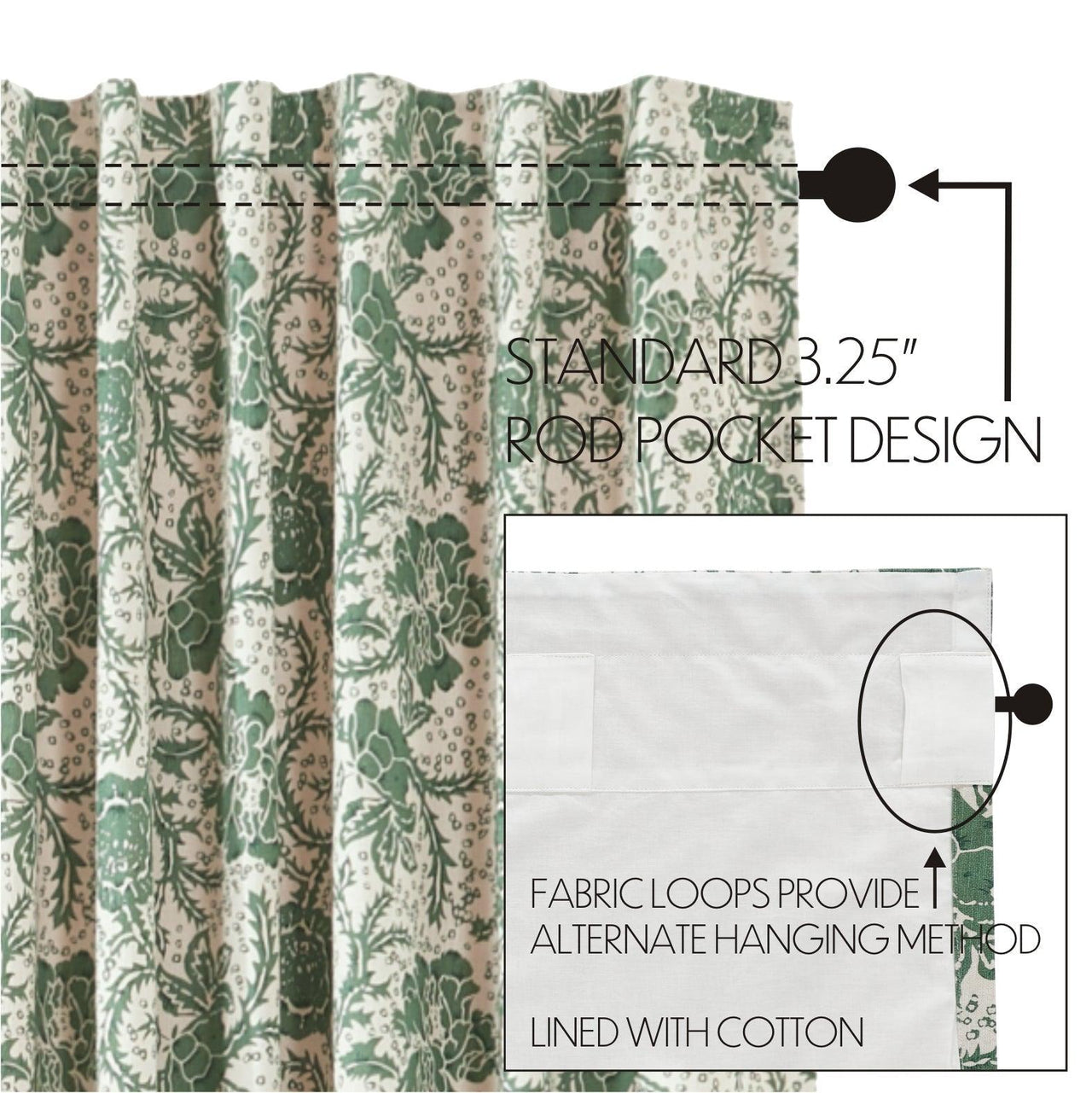 Dorset Green Floral Prairie Short Panel Curtain Set of 2 63x36x18 VHC Brands