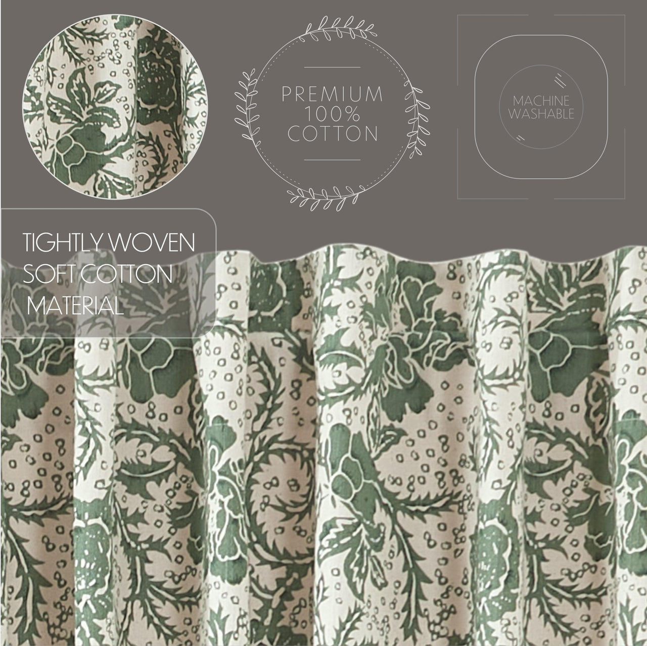 Dorset Green Floral Short Panel Curtain Set of 2 63x36 VHC Brands