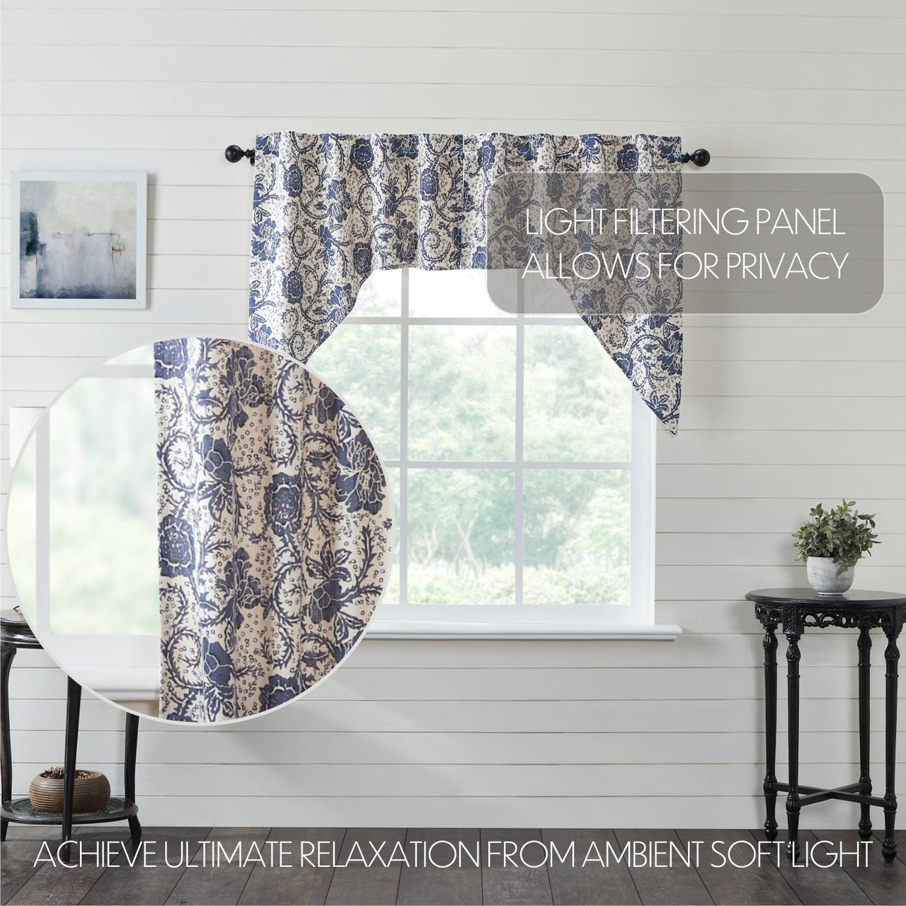 Dorset Navy Floral Swag Curtain Set of 2 36x36x16 VHC Brands - The Fox Decor