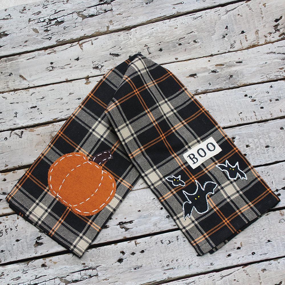 2 in 1 Primitive Fall Plaid Pumpkin Boo Towel Set of two ET220016 - The Fox Decor