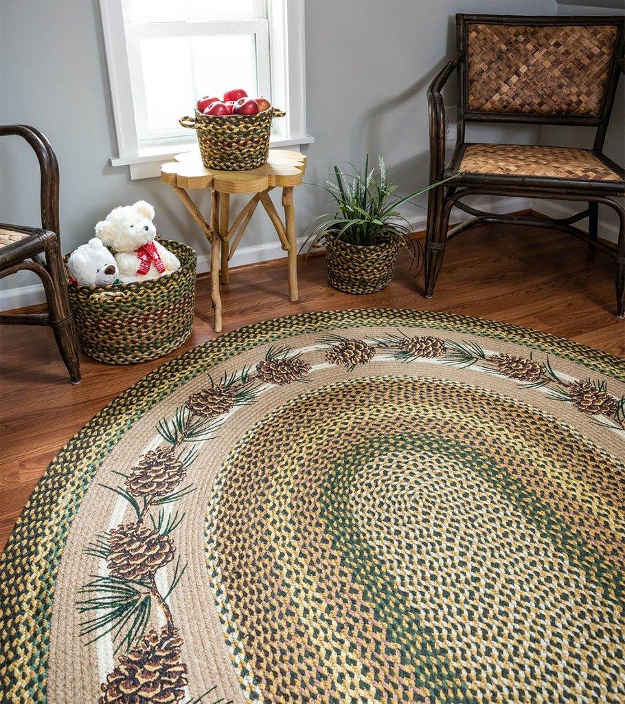 Needles & Cones Design Oval Braided Rug 5'x8'  - Earth Rugs