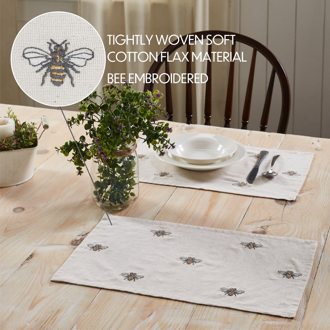 Embroidered Bee Placemat Set of 6 12x18 VHC Brands