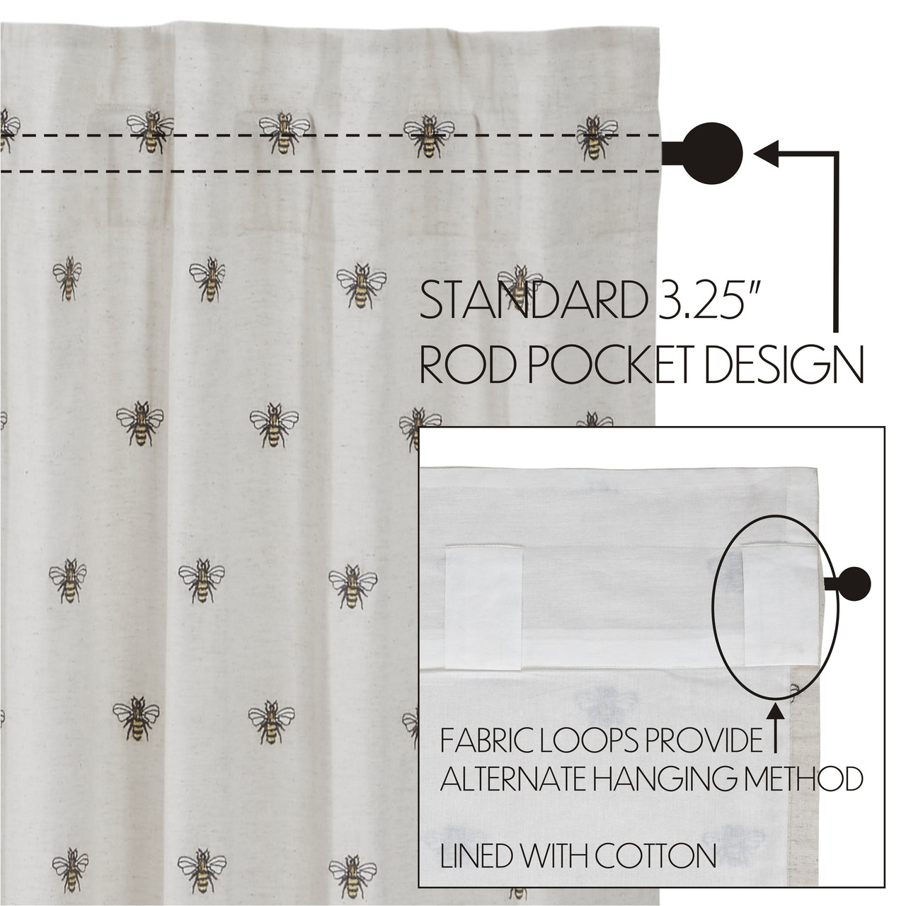 Embroidered Bee Tier Curtain Set of 2 L24xW36 VHC Brands