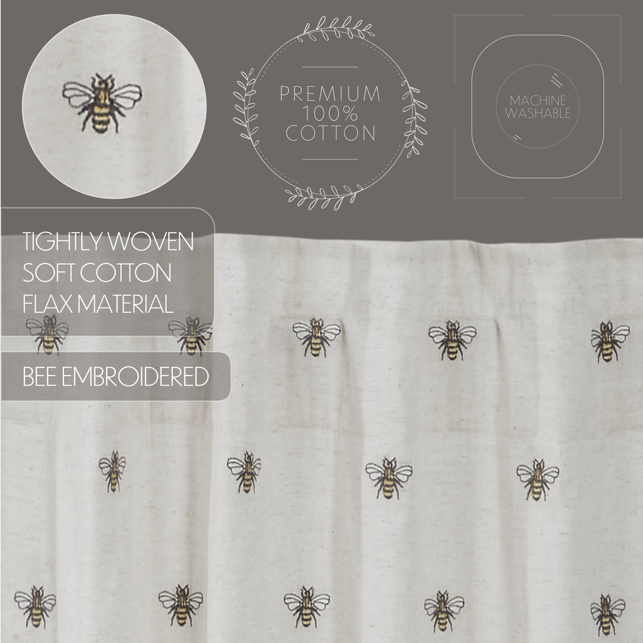 Embroidered Bee Valance Curtain 16"x90" VHC Brands