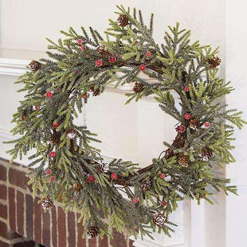 Mountain Pine Wreath w/ Red Berries, 18" - The Fox Decor