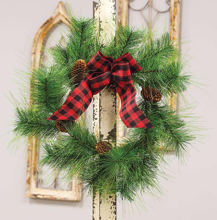 Pine Wreath W/ Buffalo Check Bow - The Fox Decor