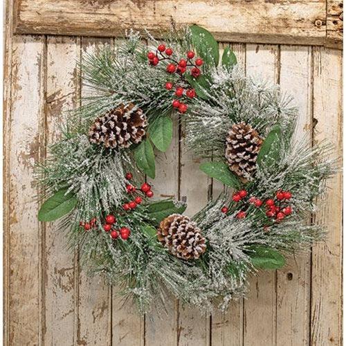 Snowy Long Needle PIne & Berry Wreath - The Fox Decor