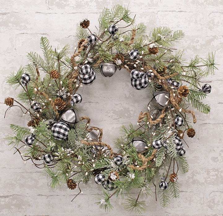 Black & White Country Gingham Bells Wreath, 24"