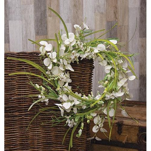 White Wild Flowers and Silver Dollar Wreath, 22" - The Fox Decor
