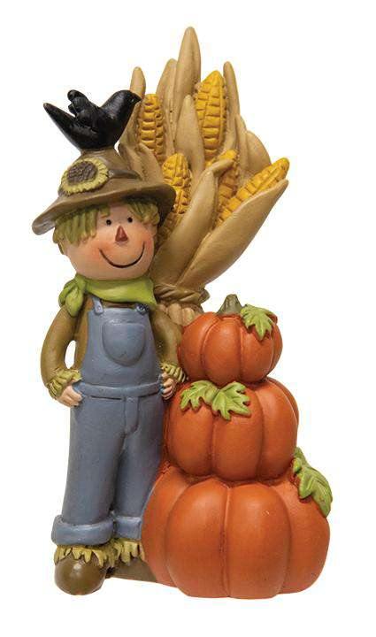 Resin Scarecrow With Cornstalks and Pumpkins - The Fox Decor