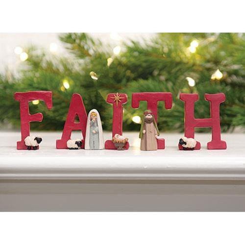 5/Set, Resin "Faith" Letters With Holy Family & Sheep - The Fox Decor