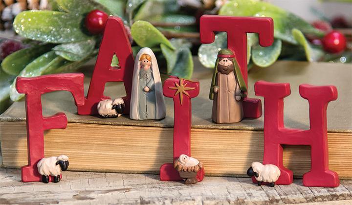 5/Set, Resin "Faith" Letters With Holy Family & Sheep - The Fox Decor