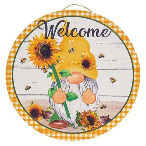 Welcome Sunflower & Bee Gnome Round Sign - The Fox Decor