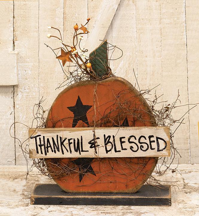 Thankful & Blessed Pumpkin on Base, 14" - The Fox Decor