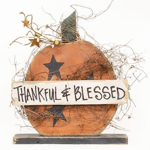 Thankful & Blessed Pumpkin on Base, 14" - The Fox Decor