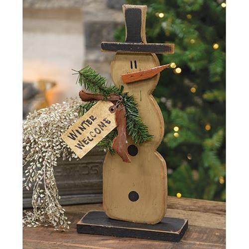 Wooden Snowman on Base w/Winter Welcome Tag - The Fox Decor