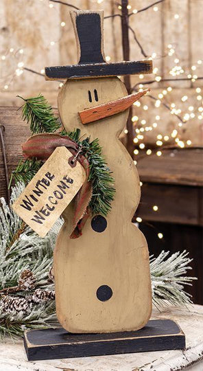 Wooden Snowman on Base w/Winter Welcome Tag – The Fox Decor