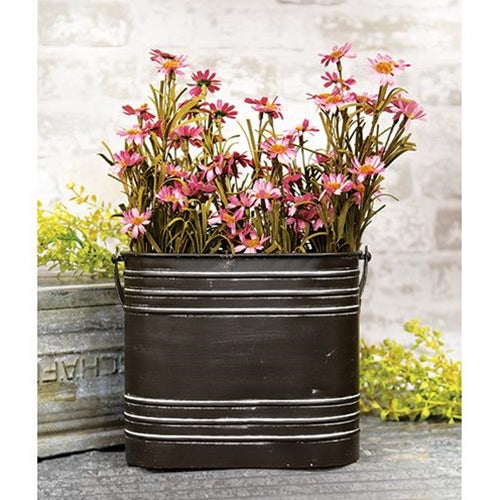 Black Distressed Metal Oval Flower Bucket With Handle