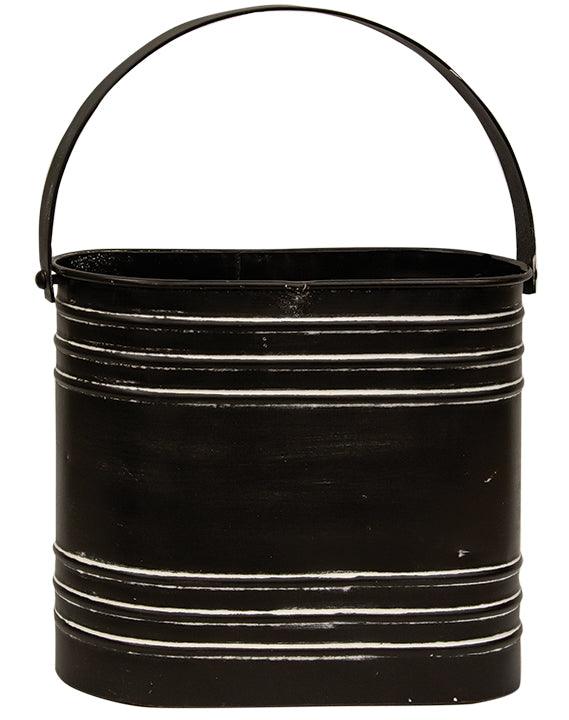 Black Distressed Metal Oval Flower Bucket With Handle - The Fox Decor