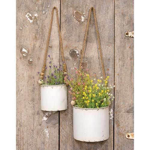 2/Set, Shabby Chic Half Round Planters With Jute Hangers - The Fox Decor