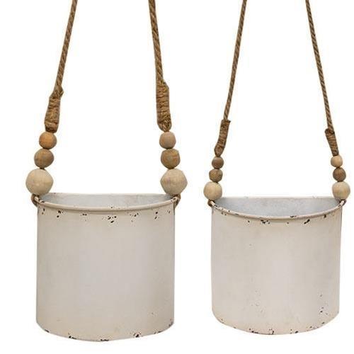 2/Set, Shabby Chic Half Round Planters With Jute Hangers - The Fox Decor