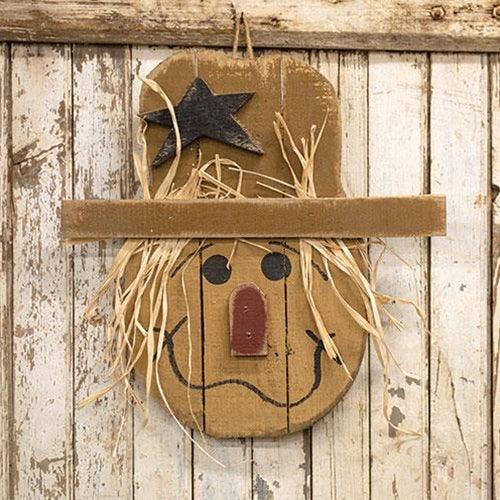 Rustic Wood Hanging Happy Scarecrow Head - The Fox Decor