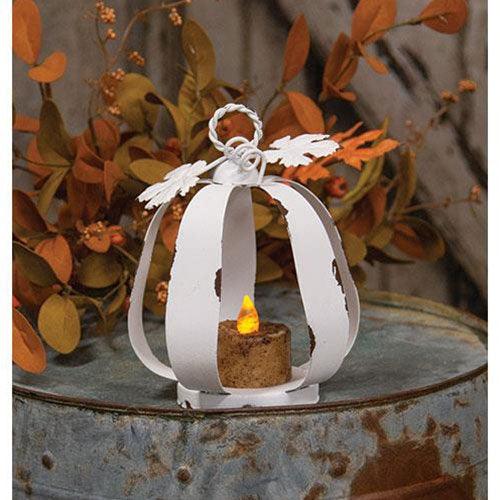 White Distressed Metal Pumpkin Tealight Lantern - The Fox Decor