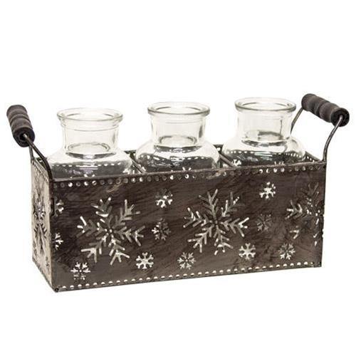 Snowflake Metal Basket With 3 Glass Bottles - The Fox Decor