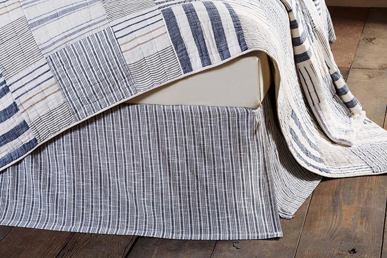 Finn King Bed Skirt 100% Cotton Faded, Denim Blue Stripes - The Fox Decor